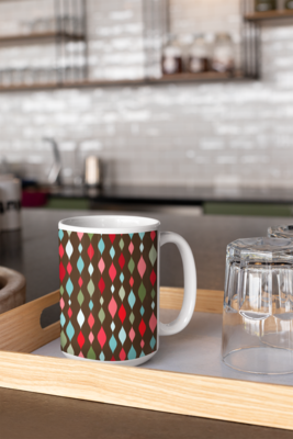 12oz Coffee Mug Retro Streamers Cherry Pie Print on Dark Brown. High-quality sublimation inks on ceramic mug. Mid Century Modern Mug - image2